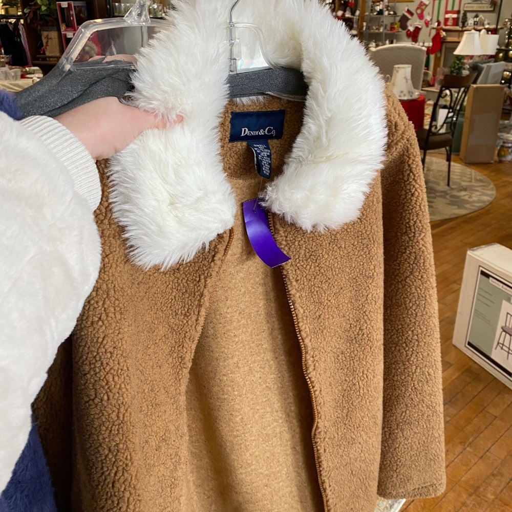 Denim&Co Teddy Coat in tan brown with White Faux Fur Collar